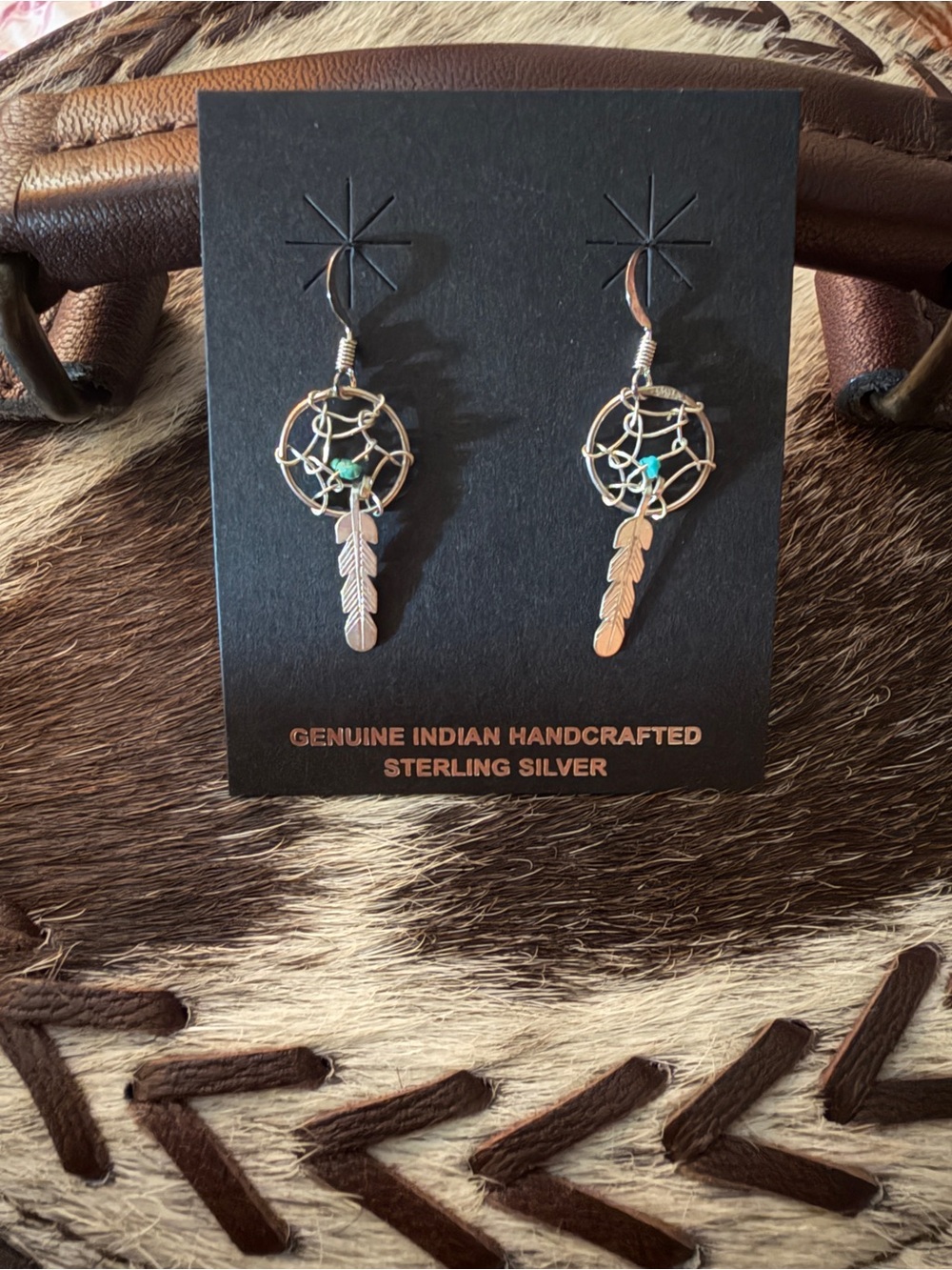 Native American Navajo Made Dreamcatcher Earrings with Turquoise Stone